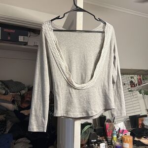 Soft Gray Open Back White Lace Shirt Size S